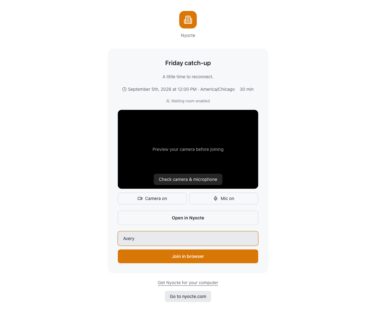 Nyocte browser meeting preview with a guest name field and Join in browser button
