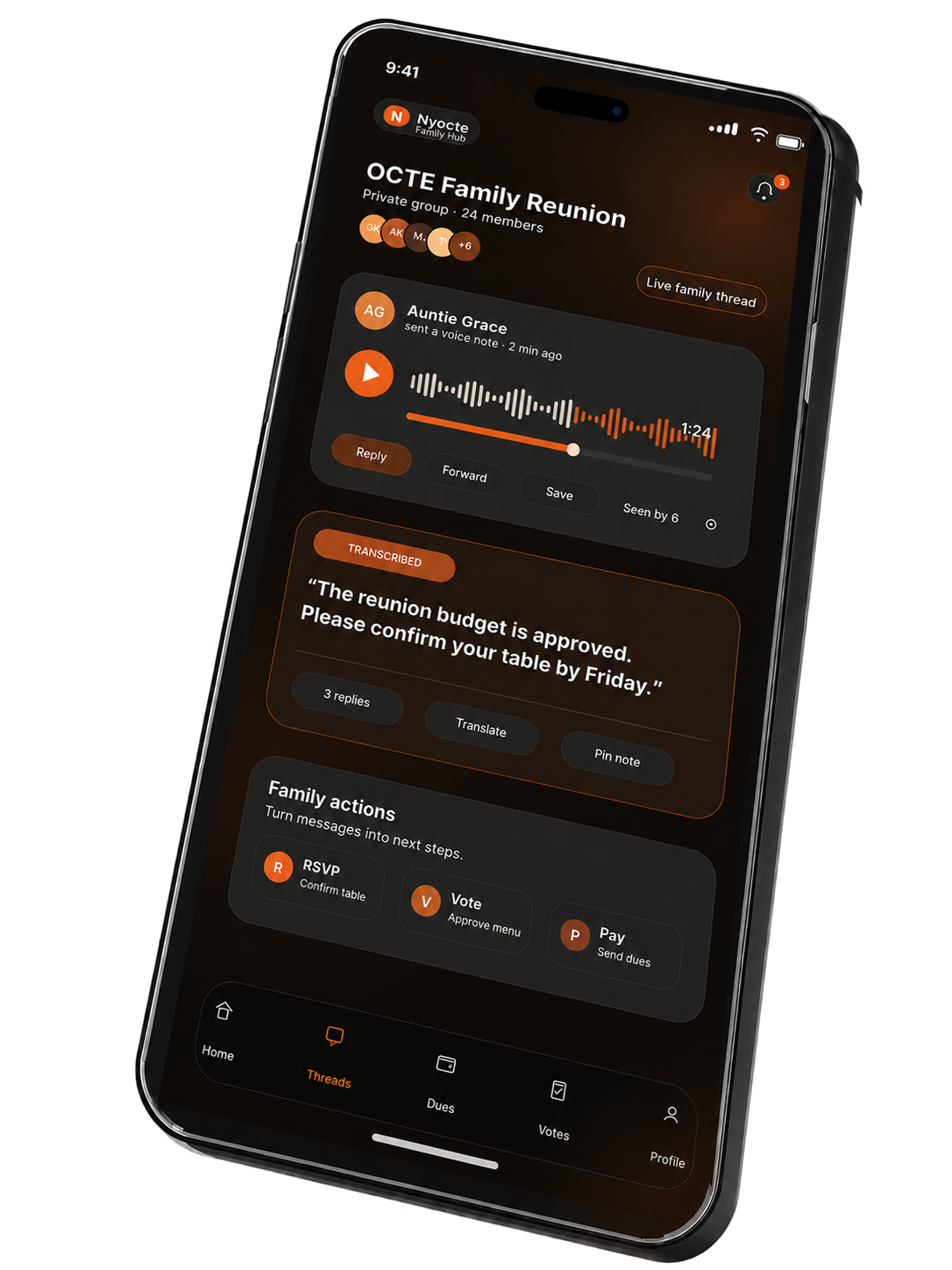 Example Nyocte group conversation with RSVP, vote, and pay actions
