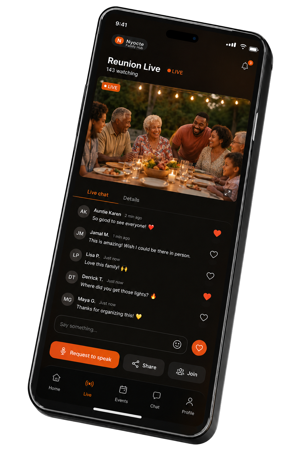 Nyocte Reunion Live — 142 watching, family at the table with string lights, live chat