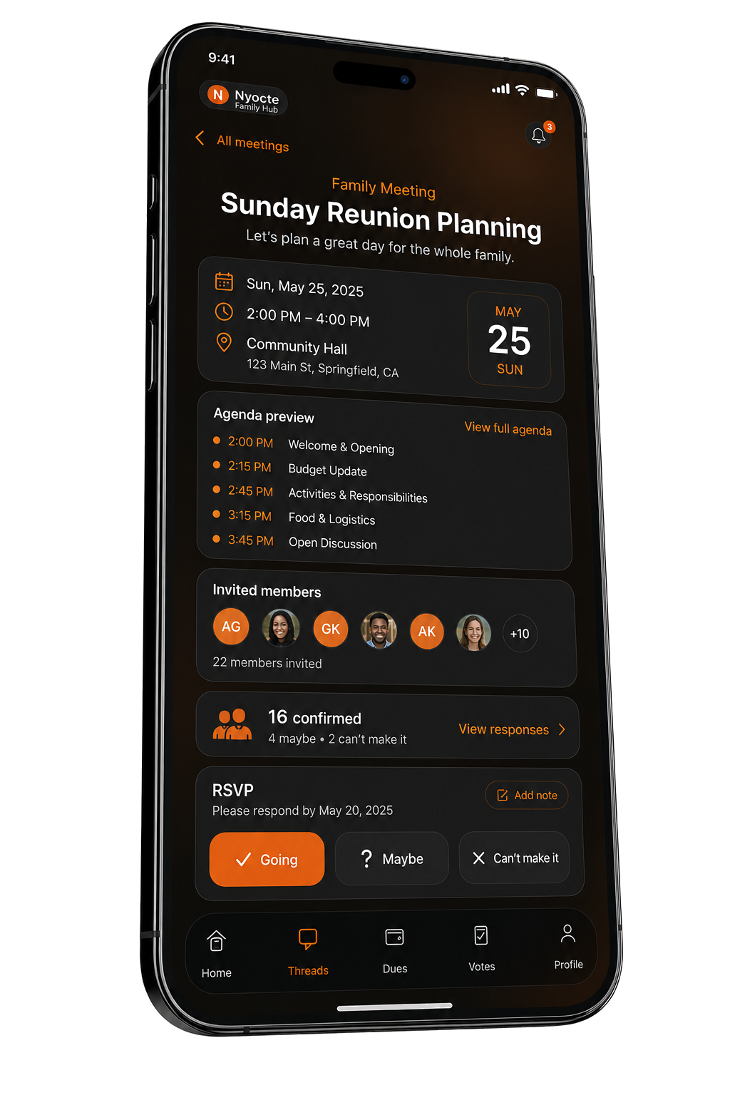 Nyocte Family Meeting — Sunday Reunion Planning, agenda preview, 16 confirmed