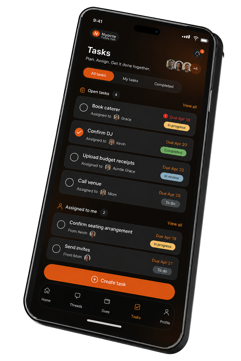 Nyocte Tasks — Plan, assign, get it done together. Open tasks for the reunion.